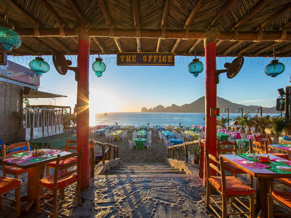 The Office beach tables and umbrellas